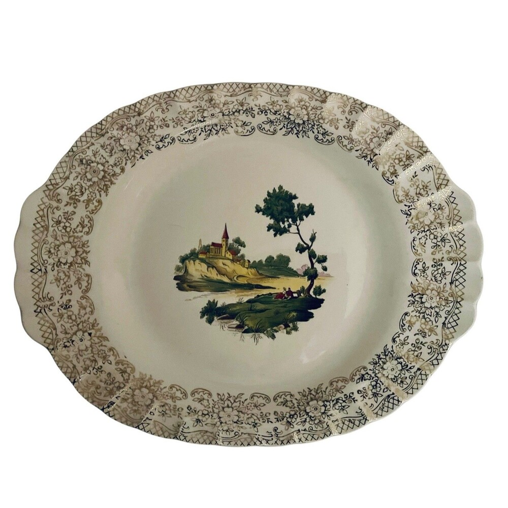 AMERICAN LIMOGES 12" Oval Platter CHATEAU FRANCE PATTERN  22 K gold trim S518